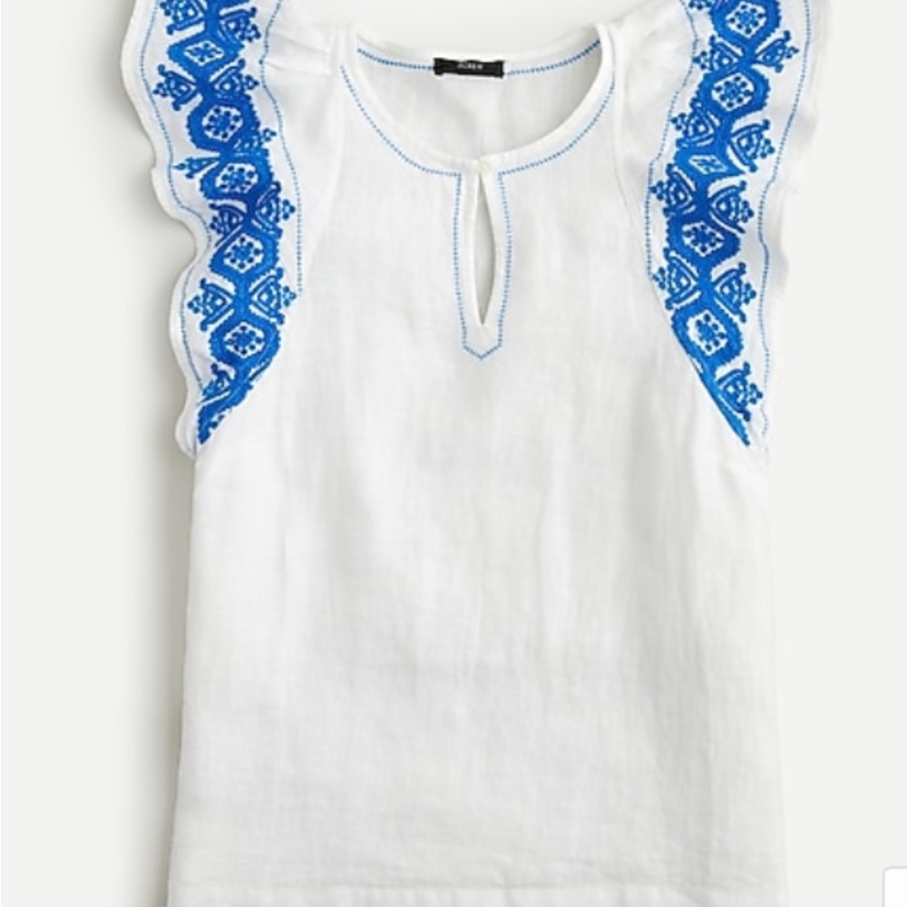 NWT J.Crew Embroidered Linen Flutter-Sleeve Top- White/ Blue- Size Medium